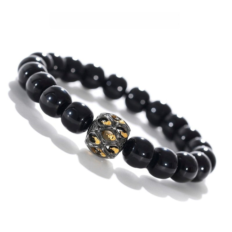 Tibetan Blessed Black Agate Bracelet with Lotus - Carved Bead for Abundance - Buddhabelief