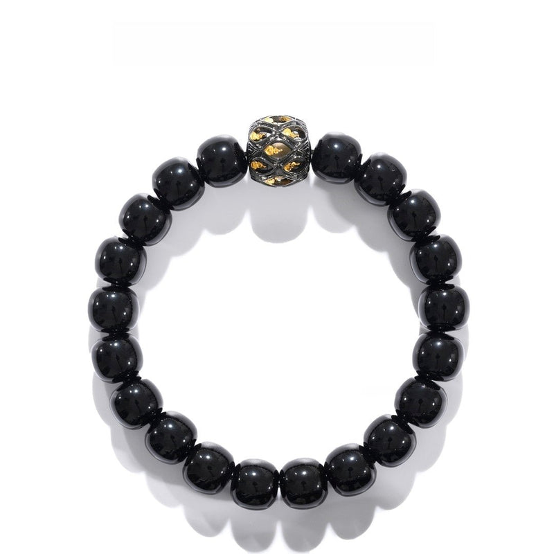 Tibetan Blessed Black Agate Bracelet with Lotus - Carved Bead for Abundance - Buddhabelief
