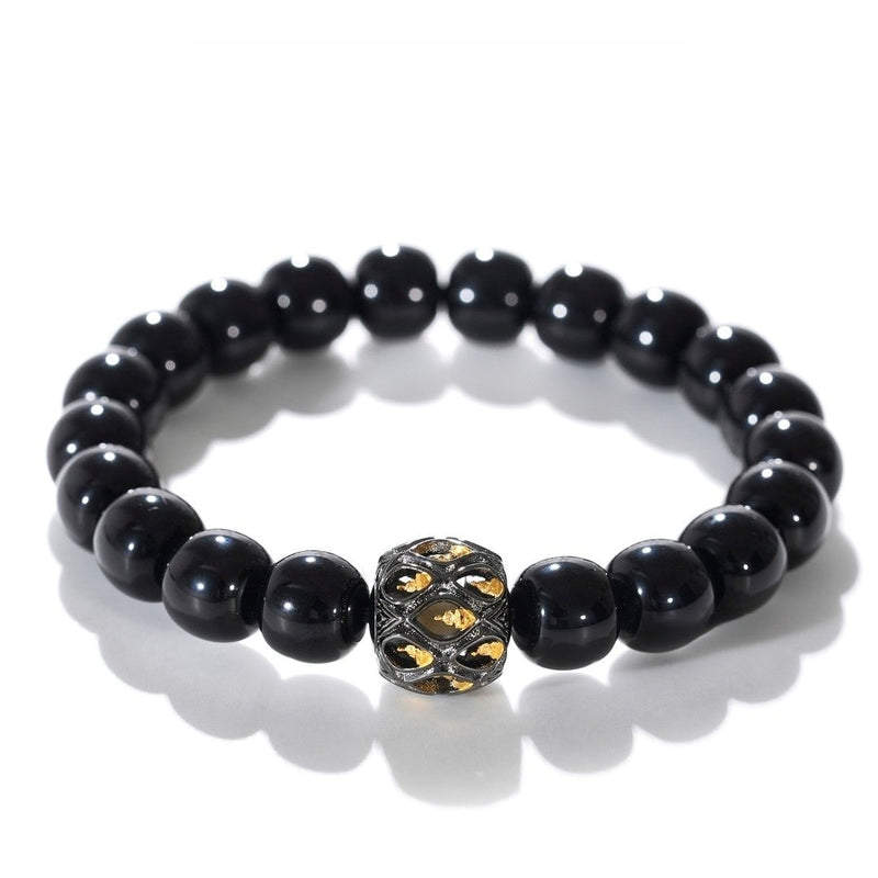 Tibetan Blessed Black Agate Bracelet with Lotus - Carved Bead for Abundance - Buddhabelief