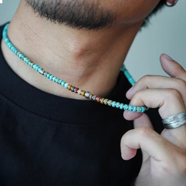 Turquoise Beaded Choker Necklace - Summer Boho Beach Jewelry