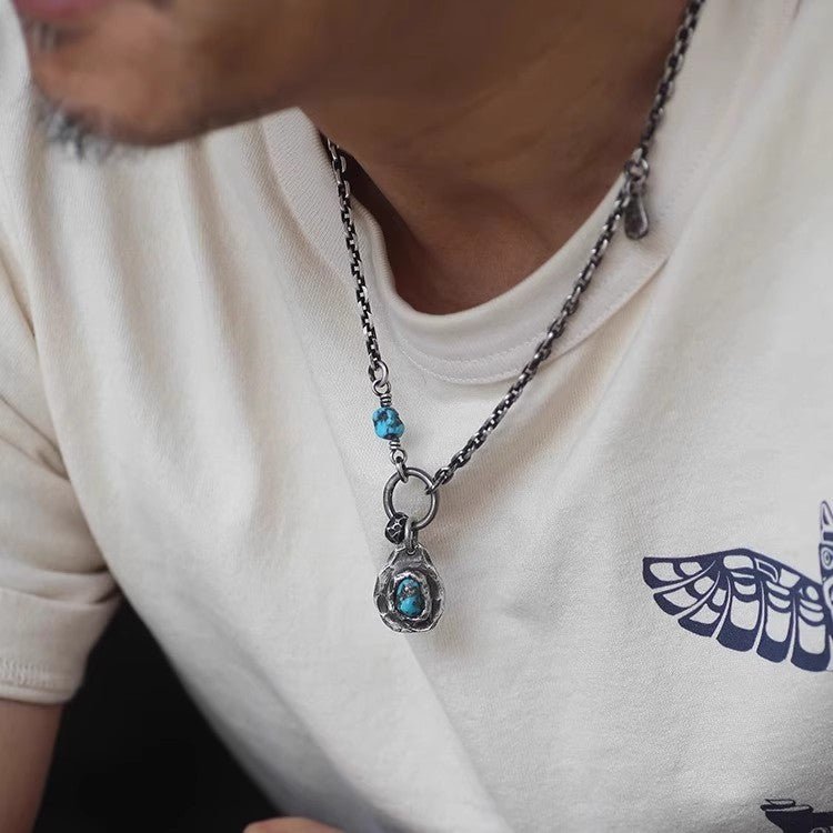 Turquoise Raw Stone Pendant - Stainless Steel Chain Necklace - view 1