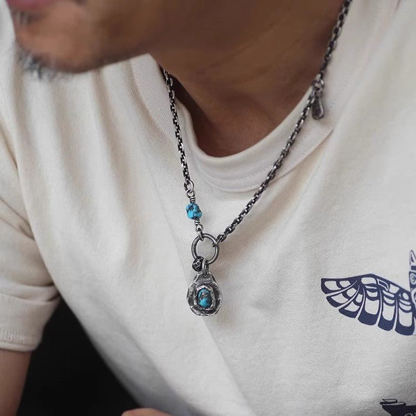 Turquoise Raw Stone Pendant - Stainless Steel Chain Necklace