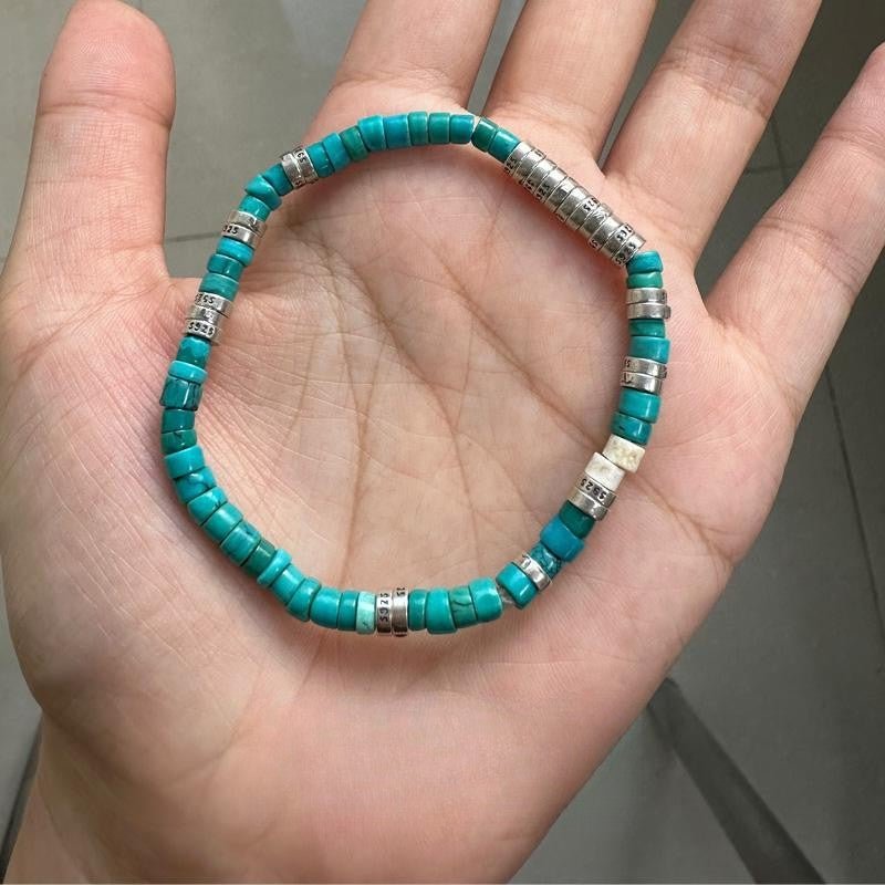 Turquoise Stretch Bracelet with Silver Spacers - 4.5mm Beaded - view 4