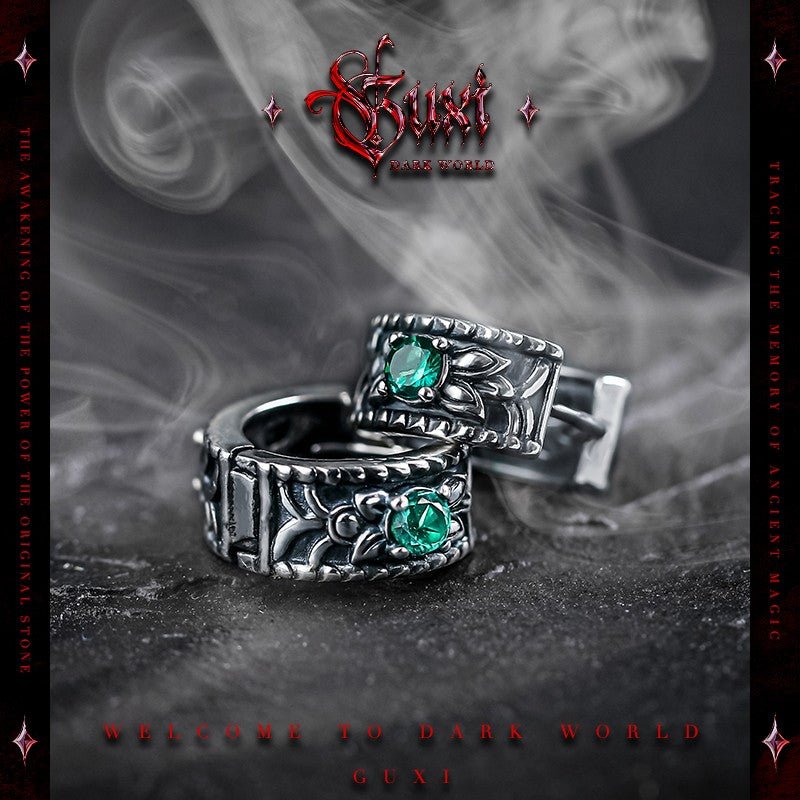 Wide Band Ring Earrings 925 Silver - Green Crystal Gothic Design - Buddhabelief