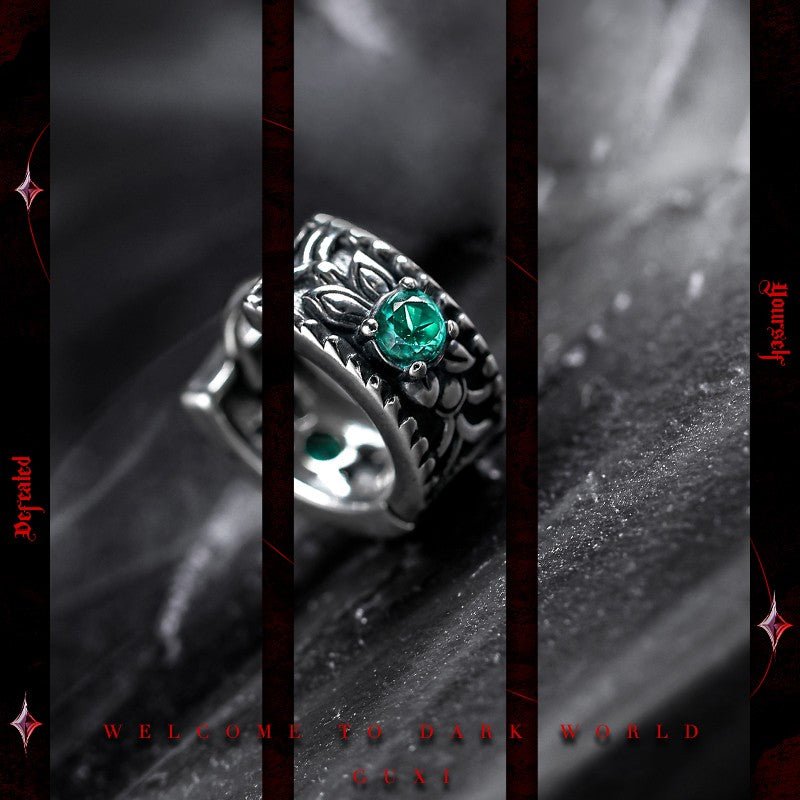 Wide Band Ring Earrings 925 Silver - Green Crystal Gothic Design - Buddhabelief
