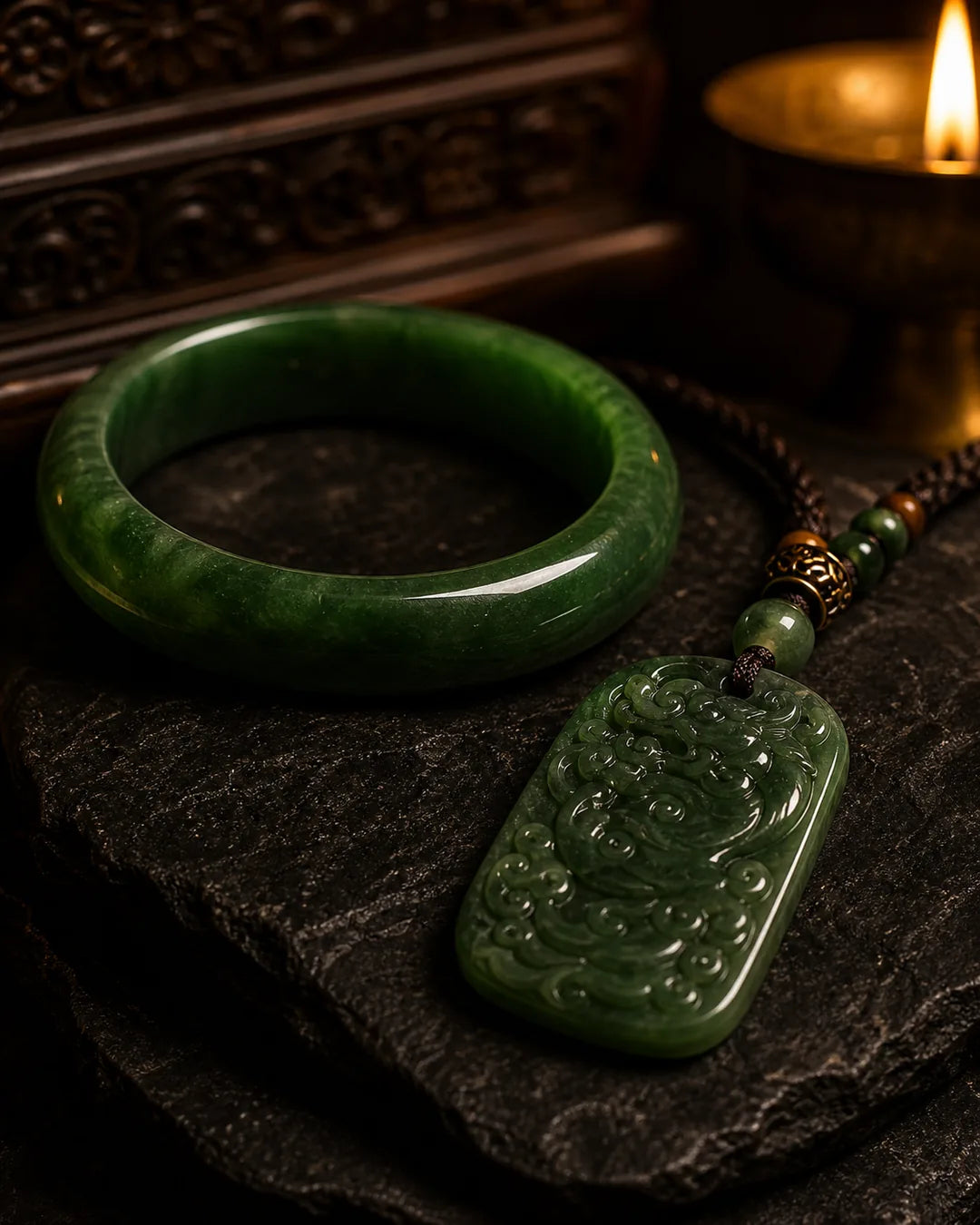 Deep green Hetian jade bangle, graded bead by bead