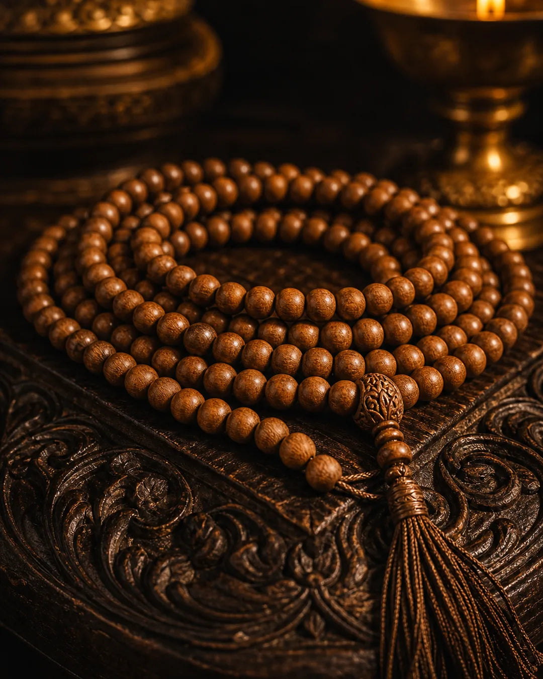 Hand-knotted 108-bead sandalwood mala, coiled with a tassel