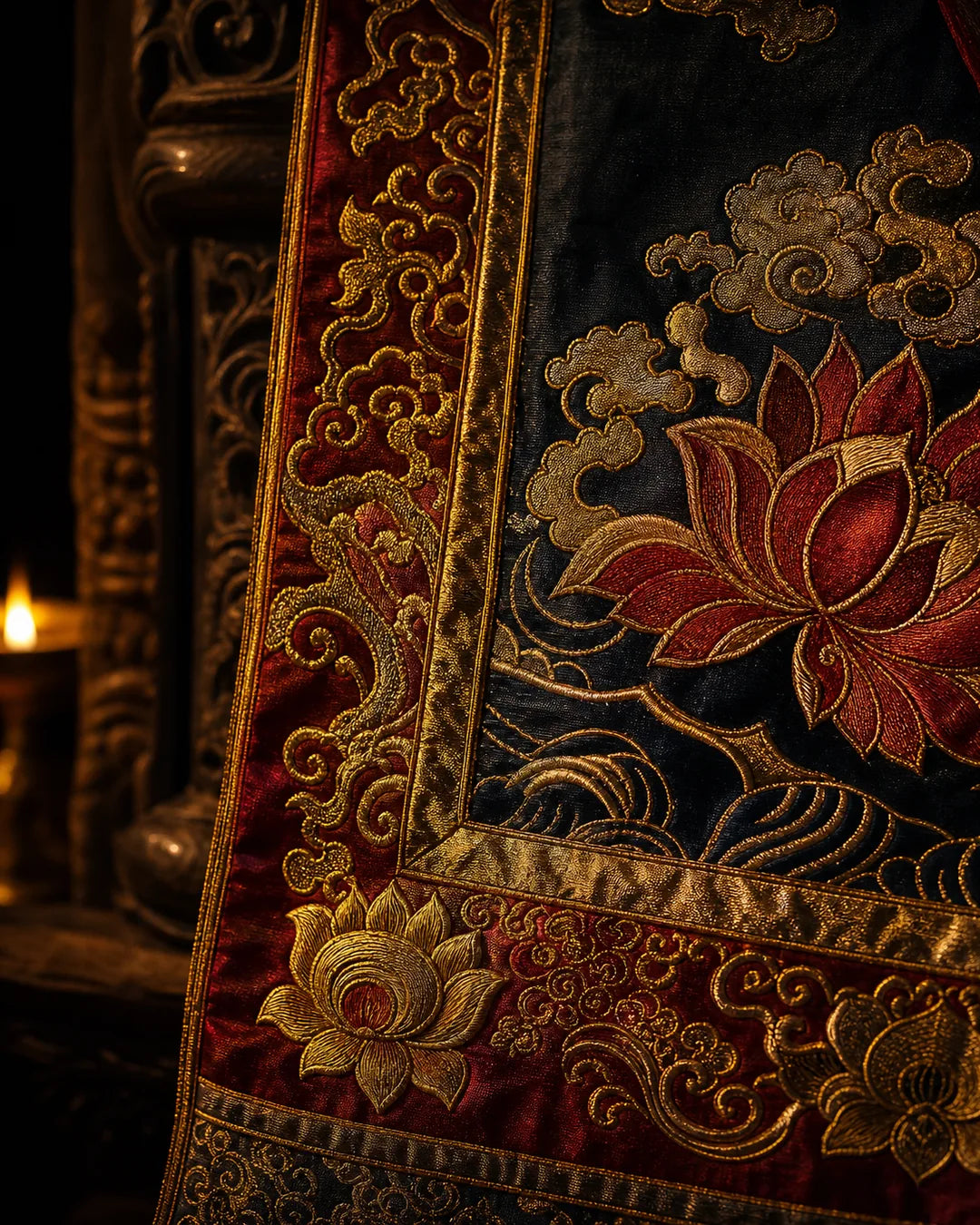 Silk-embroidered Tibetan thangka, hand-stitched in gold thread