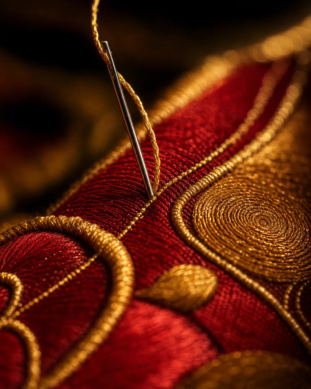 Silk thangka embroidery in progress, gold thread detail