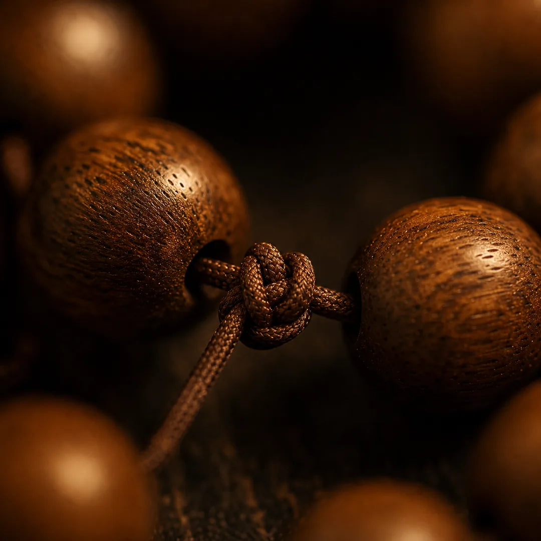 Hand-knotting cord between sandalwood prayer beads