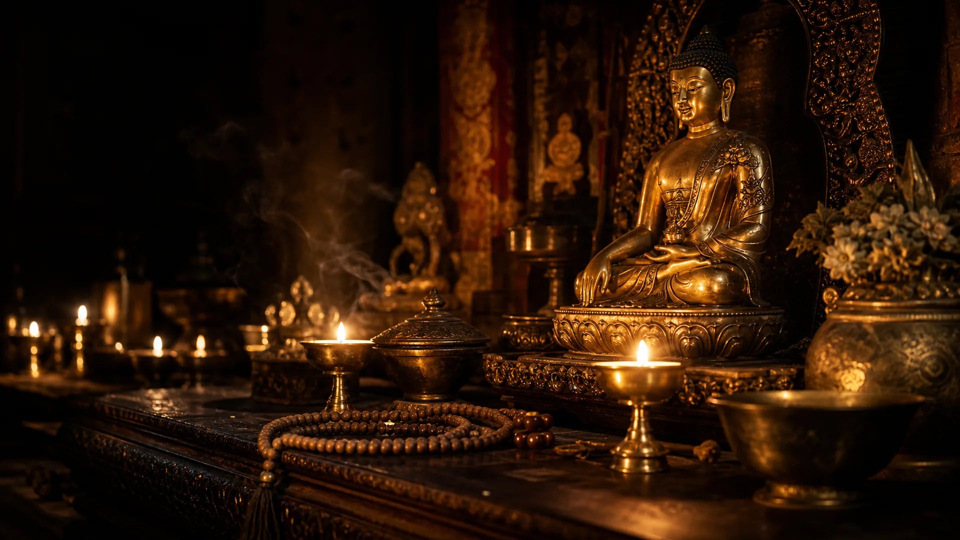 A consecrated Tibetan altar in Lhasa — gilt Buddha, butter lamps and a hand-knotted mala in candlelight