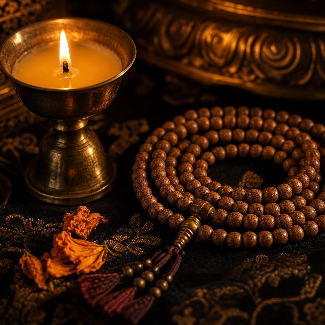 A lit butter lamp beside a coiled mala and marigold before consecration