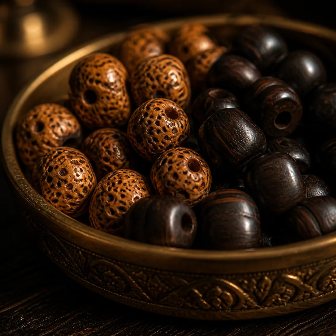 Bodhi and sandalwood prayer beads gathered in a brass dish