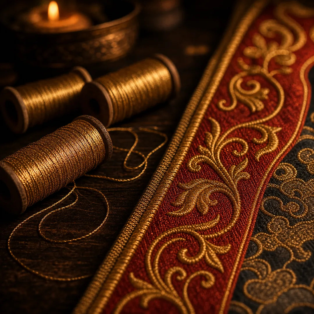 Spools of gold-wrapped silk thread beside an embroidered thangka border