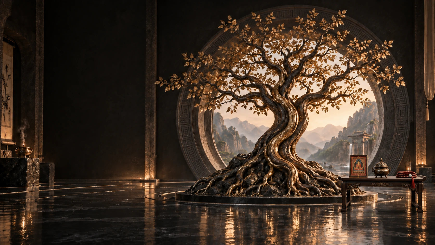 A gold-veined tree beside a dark wood table displaying thangka art, an incense vessel and cords