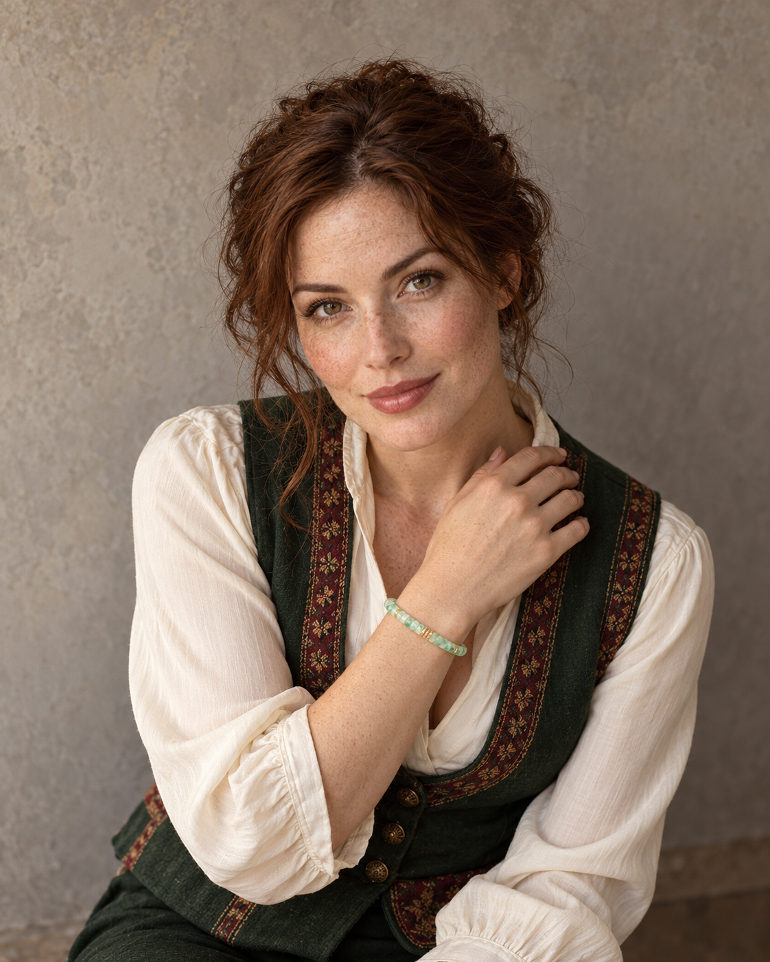 Editorial portrait wearing a pale green bracelet