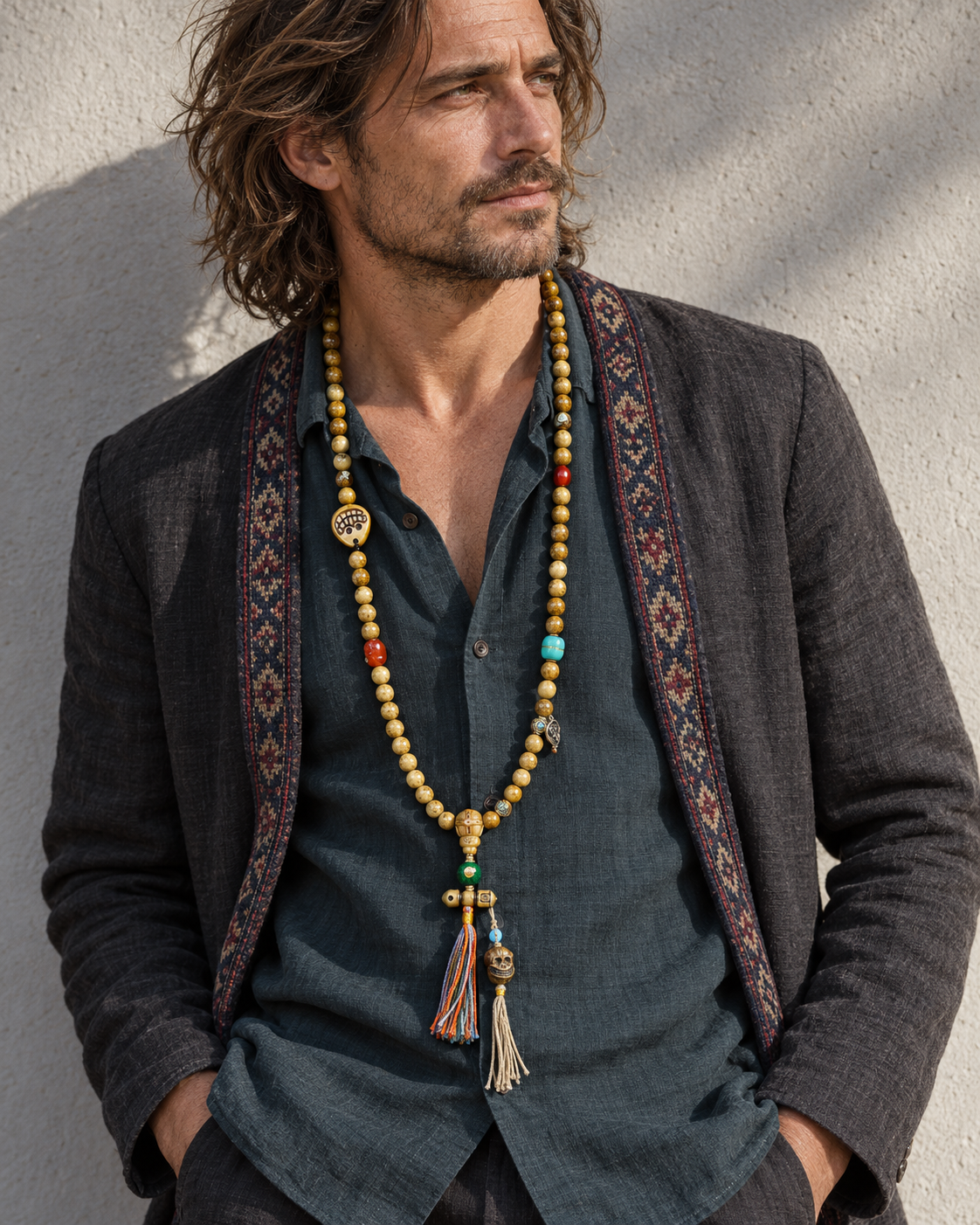 Editorial model wearing a long prayer-bead necklace