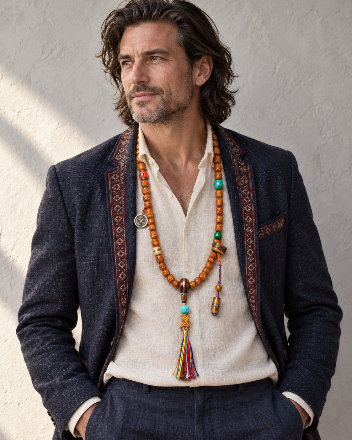 Editorial portrait wearing an amber-toned carved mala