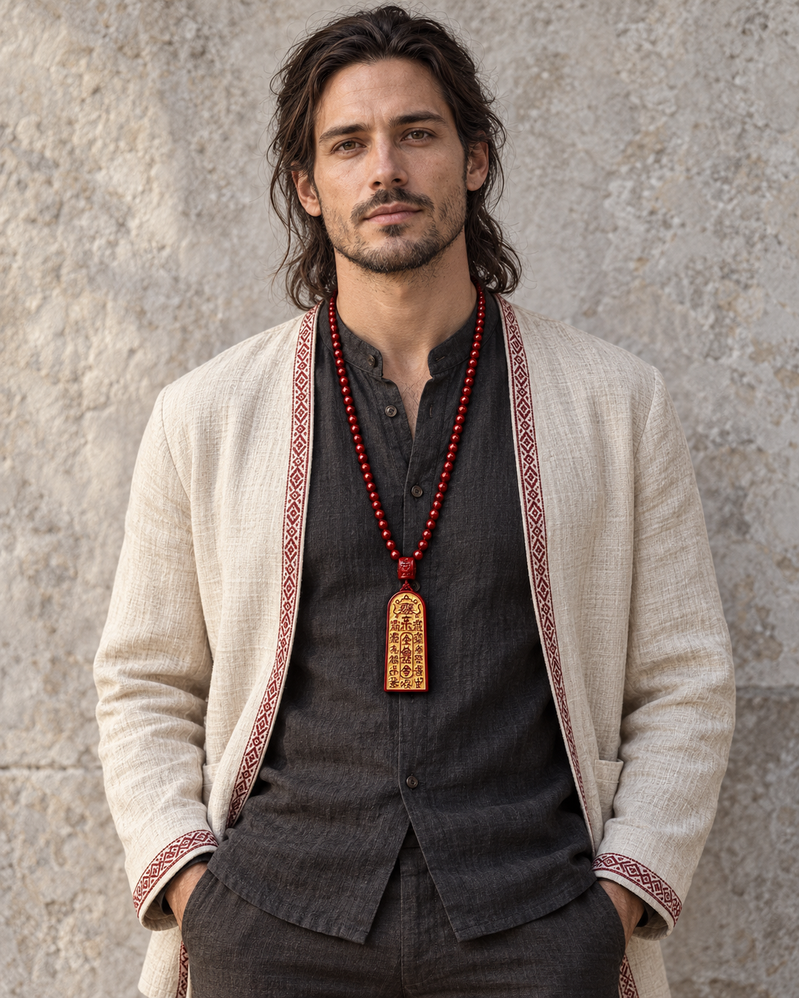 Editorial portrait wearing a red bead Taoist necklace